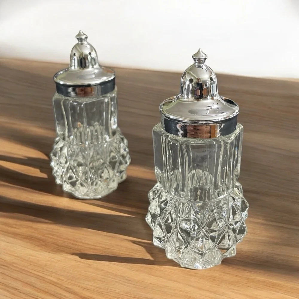 Vintage Diamond Point Glass Salt & Pepper Shakers Hong Kong Set of 2 3.75